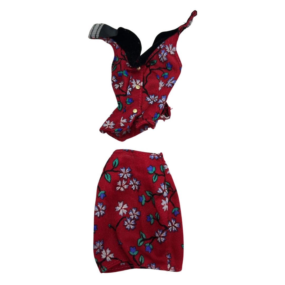 Barbie Two piece red sleeveless top & short skirt red flower print 117