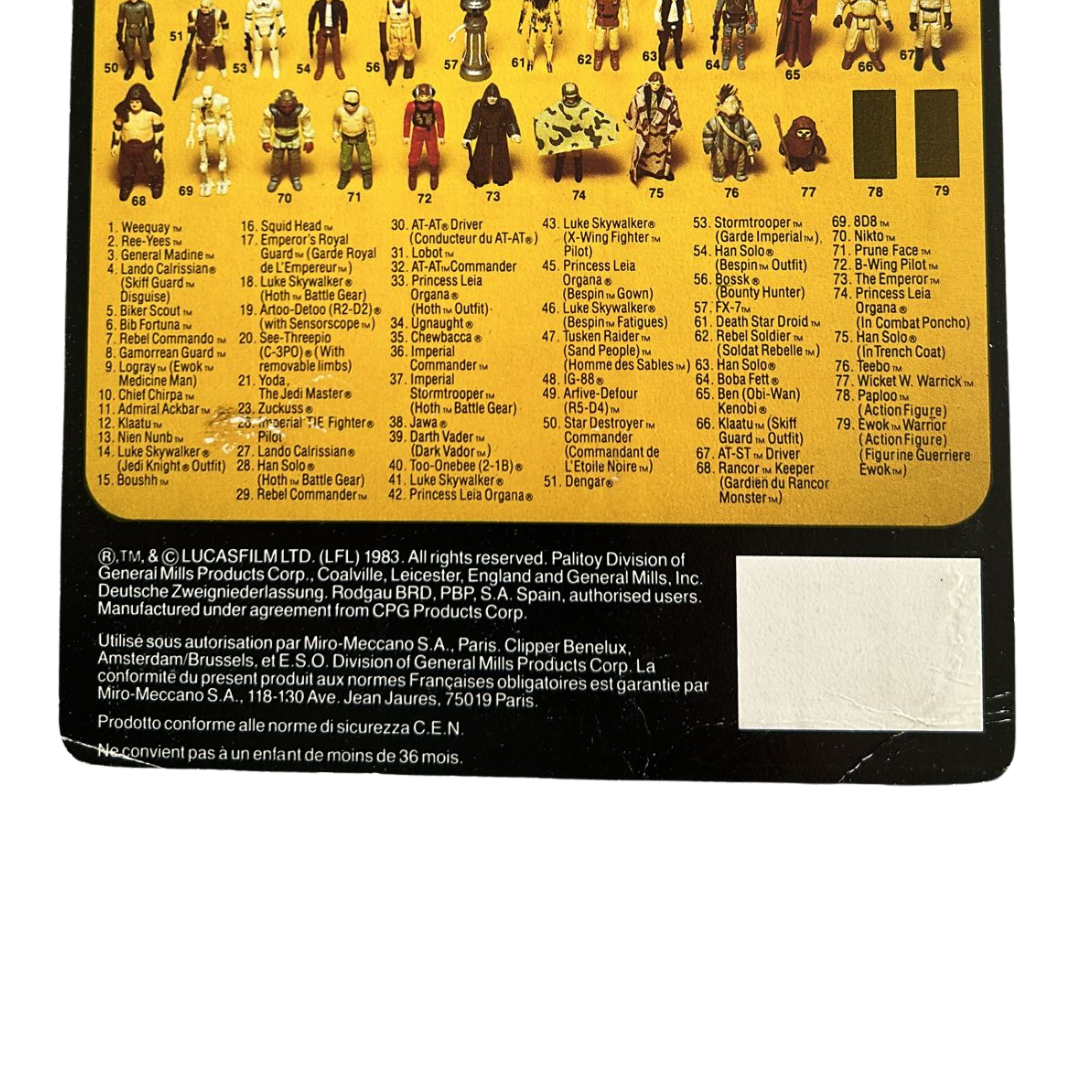 Vintage Star Wars Original 1983 ROTJ Prune Face action figure card back trilogo