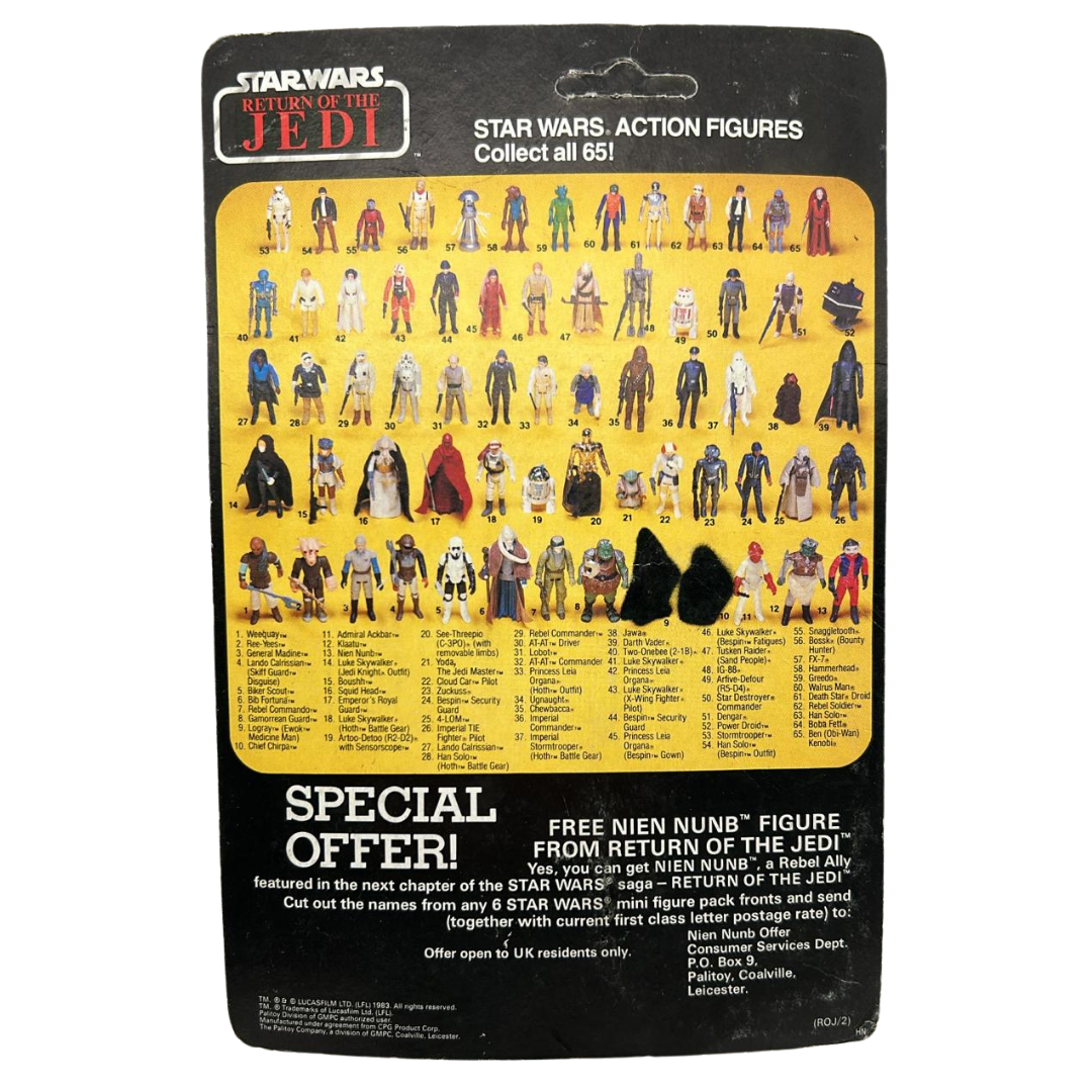 Vintage Star Wars Rees Yees ROTJ cardback 65 back Palitoy unpunched