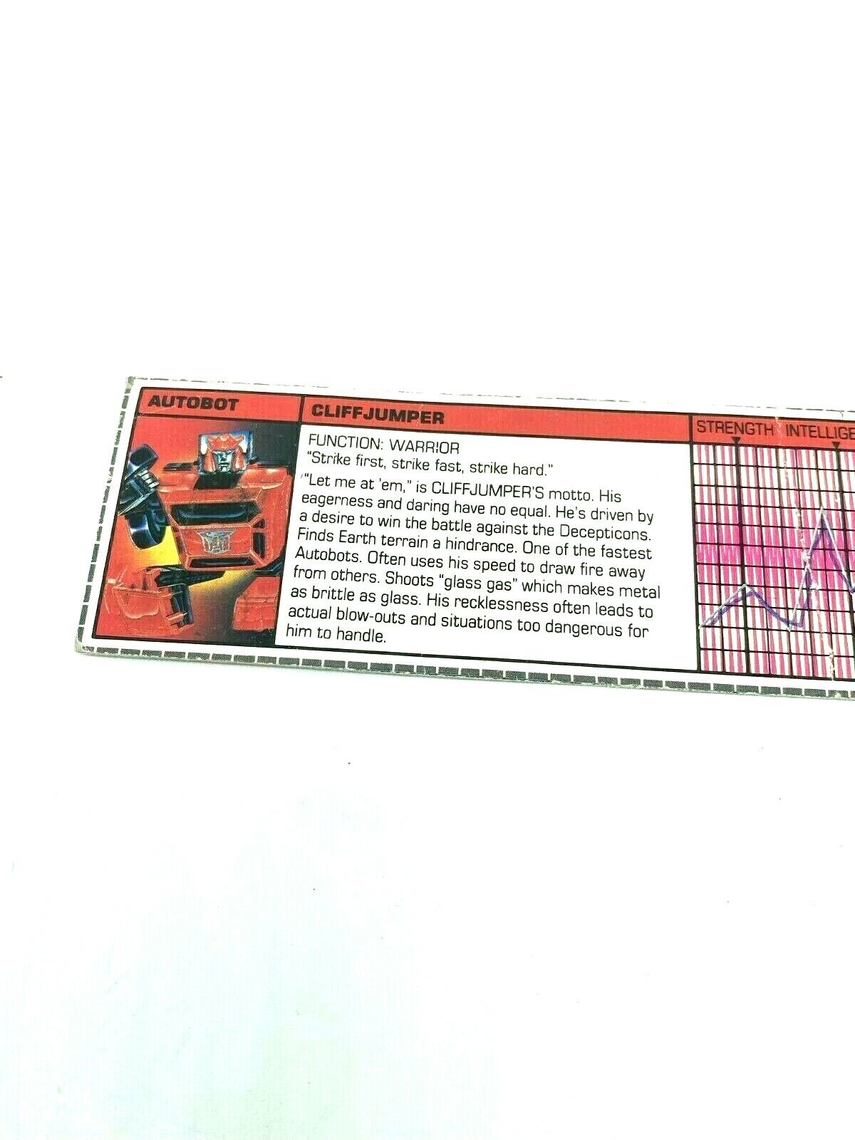 Transformers G1 Cliff Jumper Tech Spec card, Cliffjumper