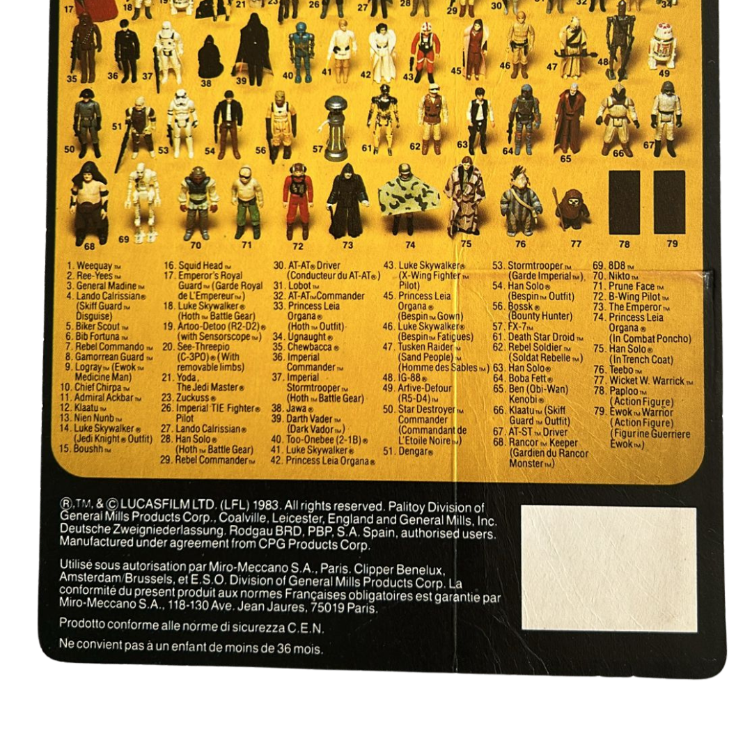 Vintage Star Wars Wicket Ewok Figure backing card tri-logo