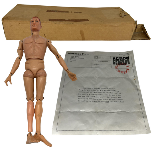 Vintage Action Man Mail away box, letter and figure by Palitoy