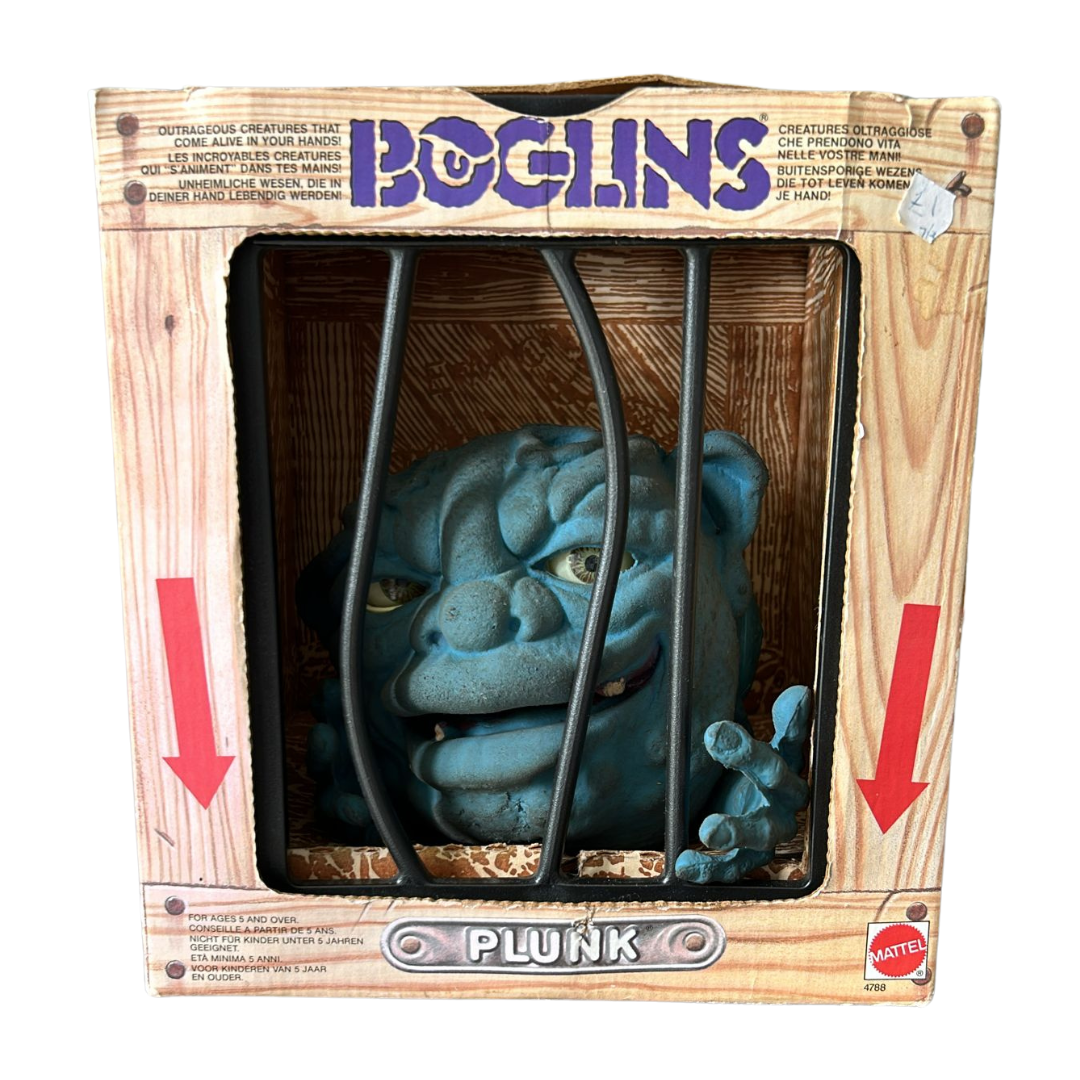 Vintage Mattel 1987 BOGLINS Plunk Boxed & Caged Rubber Puppet Blue Kids Toy