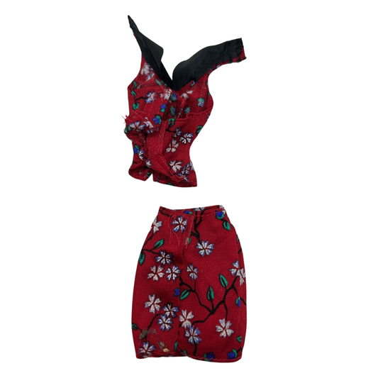 Barbie Two piece red sleeveless top & short skirt red flower print 117