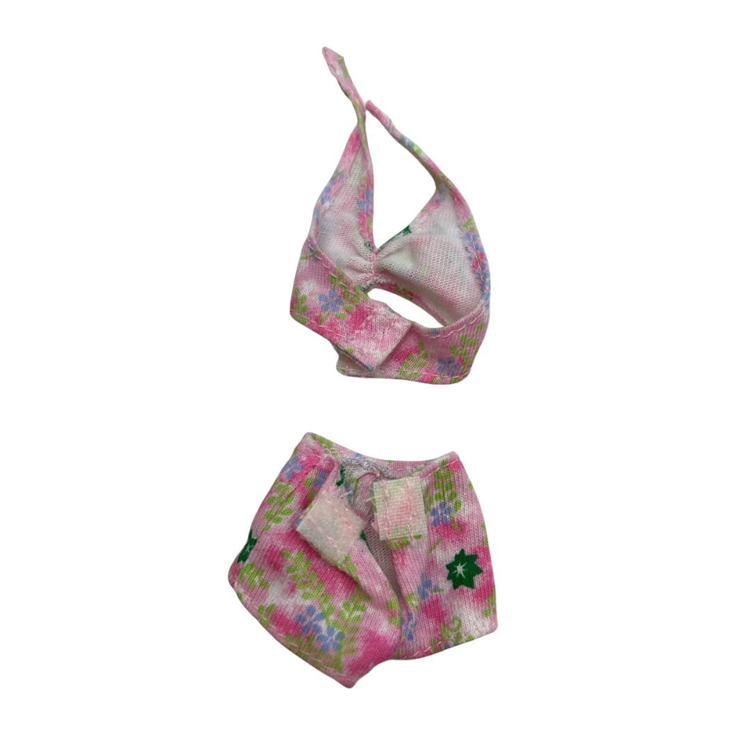 Barbie two-piece swimsuit set with a pink, purple, and green floral pattern 22
