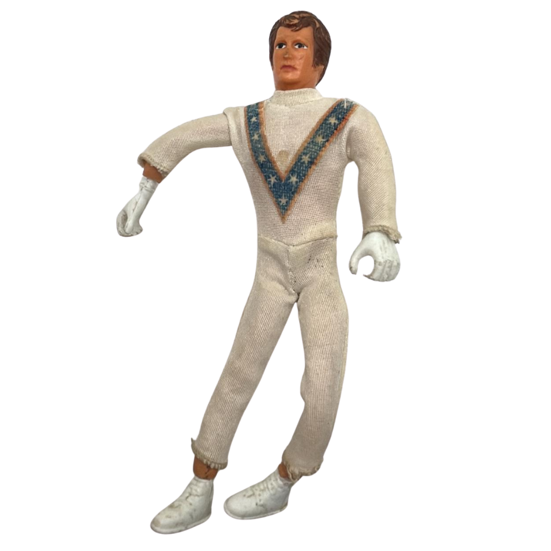 Evel Knievel figure, helmet, dirt bike and gyro winder stand / energiser 467