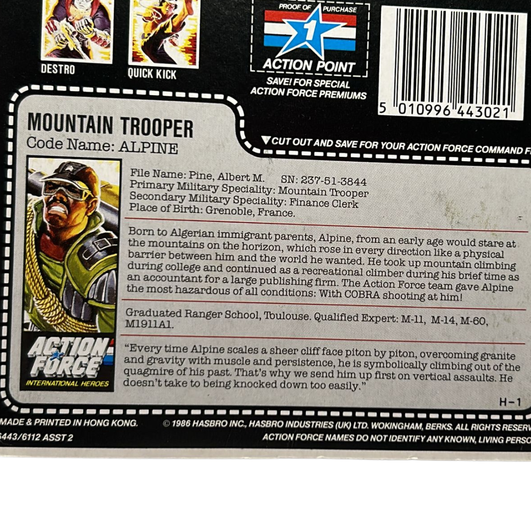 GI Joe, Action Force Alpine original cardback filecard backing card