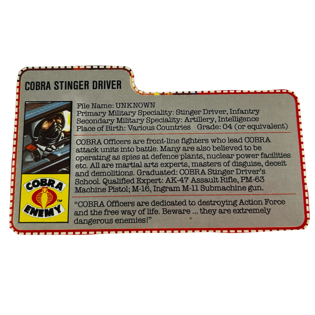 GI Joe, Action Force Cobra Driver filecard Stinger / Night Attack vehicle 29