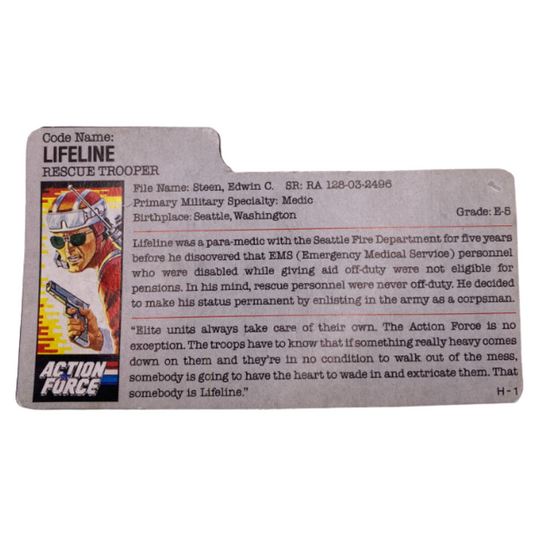 GI Joe / Action Force Life Line cardback, filecard, UK, Euro version