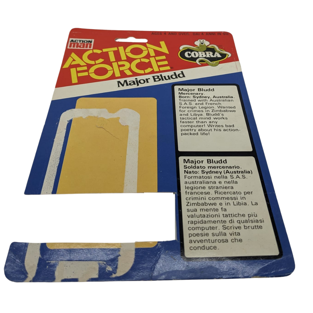 Action Force GI Joe Major Bludd cardback, backing card Palitoy chunk cut off it