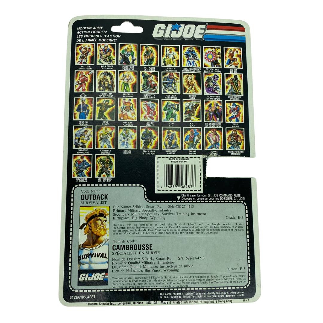 G.I. Joe Action Force Outback Canadian cardback / filecard with cut