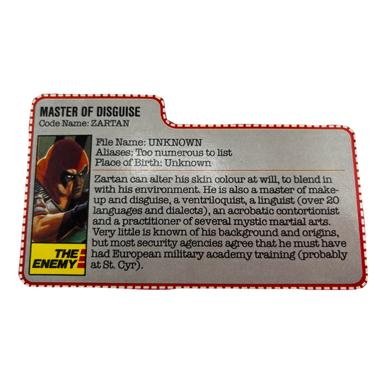 GI Joe, Action Force & Zartan filecard Swamp Skier / Chameleon UK version