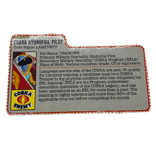 GI Joe, Action Force Lampreys Hydrofoil Moray pilot filecard from box 243