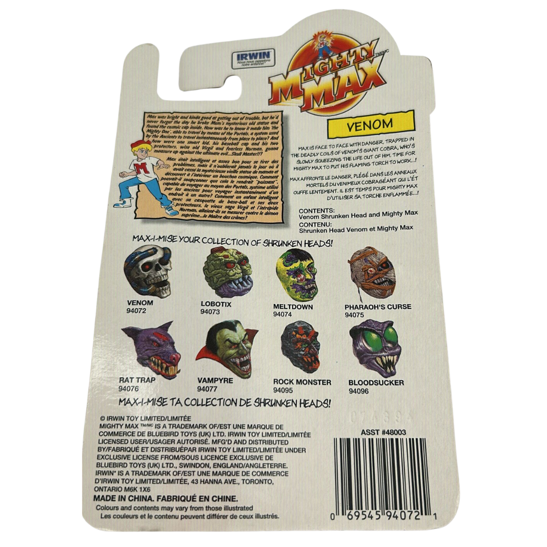 Mighty Max Venom Shrunken Heads MOC on Canadian card Irwin toys 142