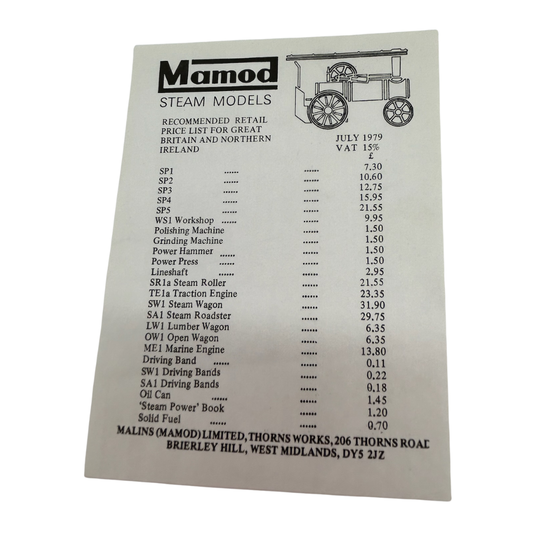 Mamod toys  Steam Models toy advert leaflet with retail 1979 price list 226