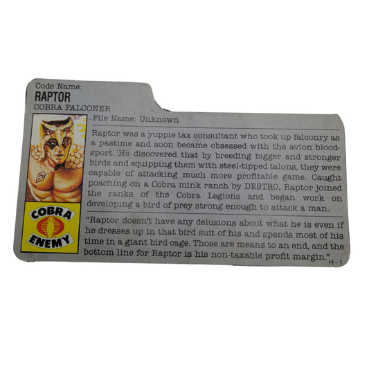 GI Joe, Action Force Raptor filecard, file card 922