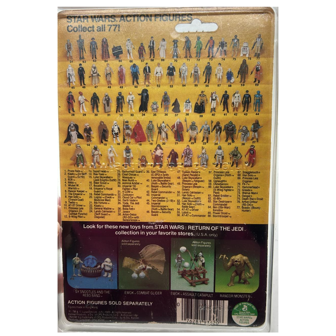 Vintage Star Wars Ugnaught figure on opened card ROTJ cardback & clear bubble