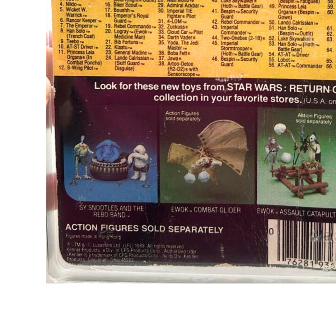 Vintage Star Wars Ugnaught figure on opened card ROTJ cardback & clear bubble