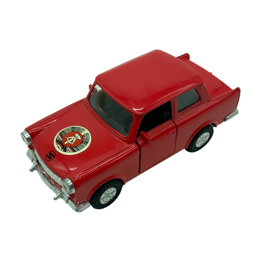 Toy model car 1980s state emblem of East Germany Sunnyside Red Trabant