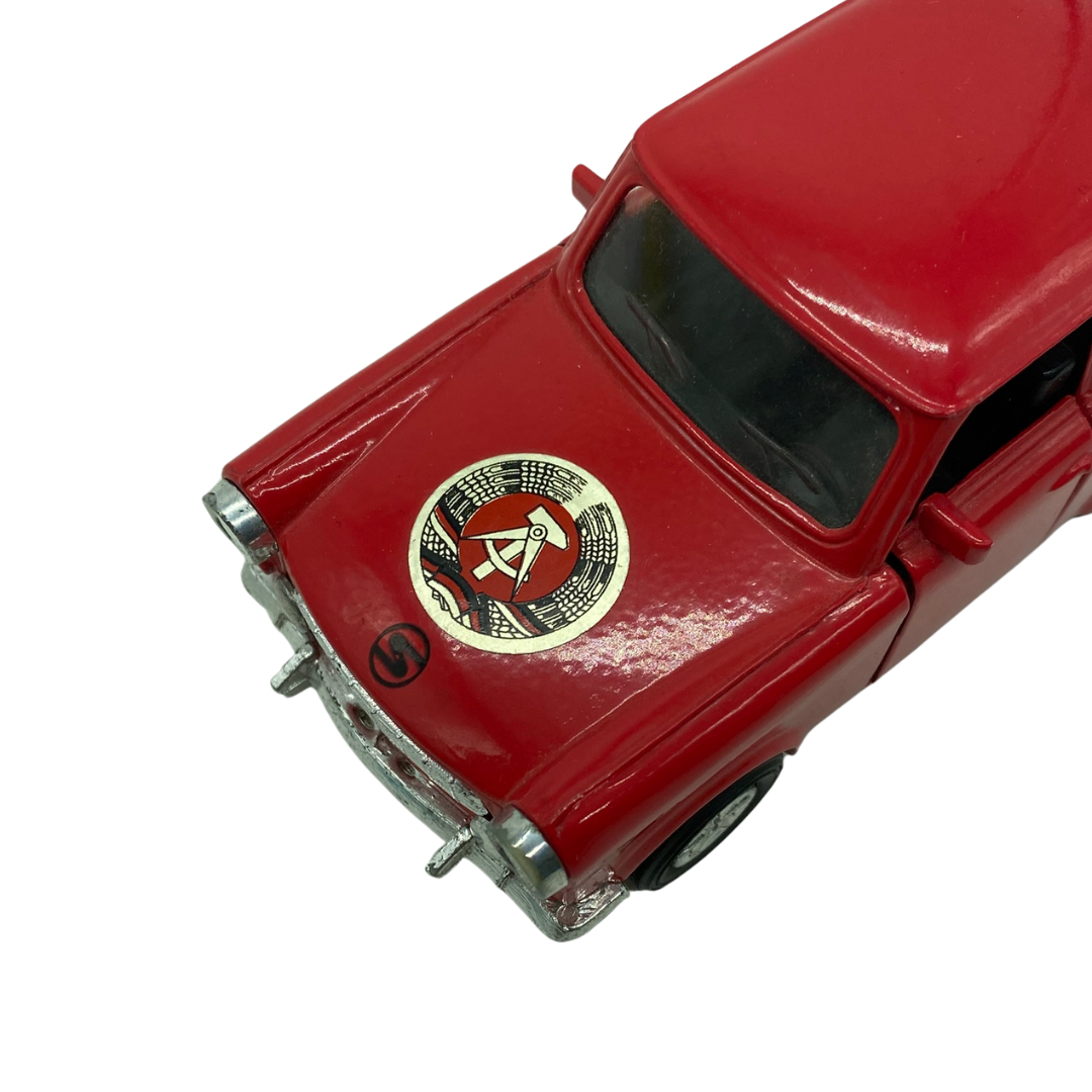 Toy model car 1980s state emblem of East Germany Sunnyside Red Trabant
