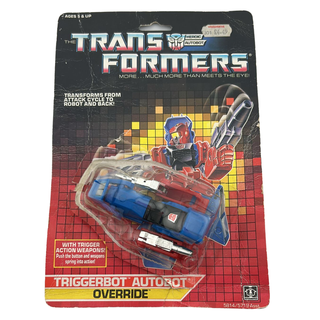 Transformers G1 Override Triggerbot Autobot with opened card and bubble