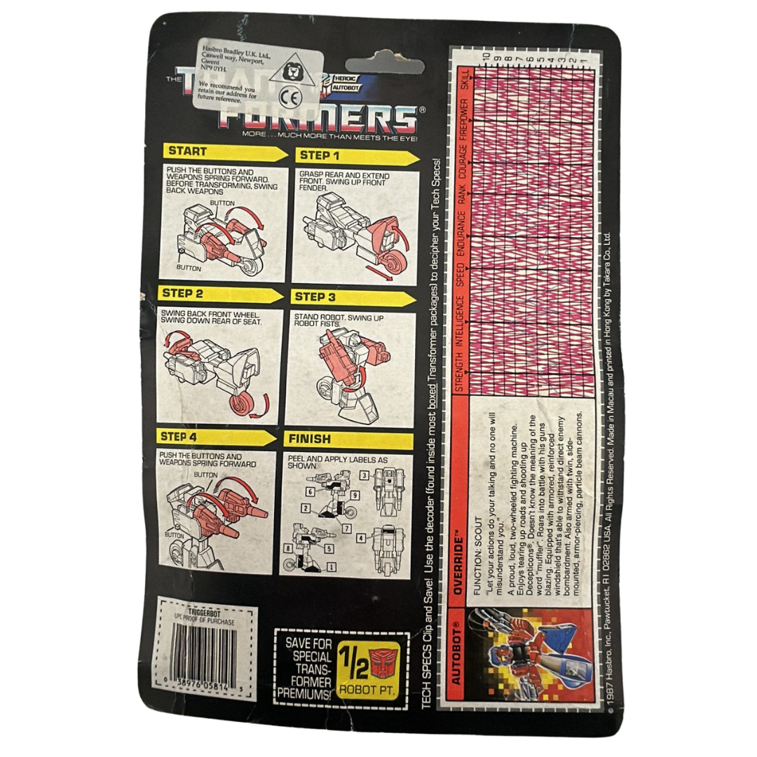 Transformers G1 Override Triggerbot Autobot with opened card and bubble