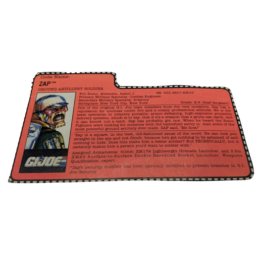 GI Joe, Action Force Zap V2 filecard 1992 Hasbro