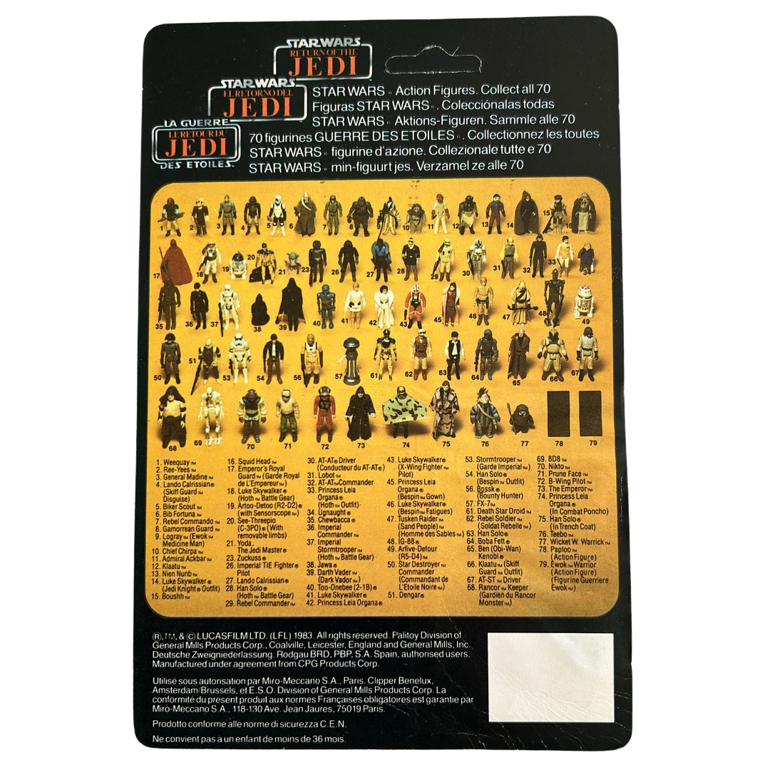 Vintage Star Wars tri logo 1983 ROTJ Zuckuss Bounty Hunter card back Kenner Orig