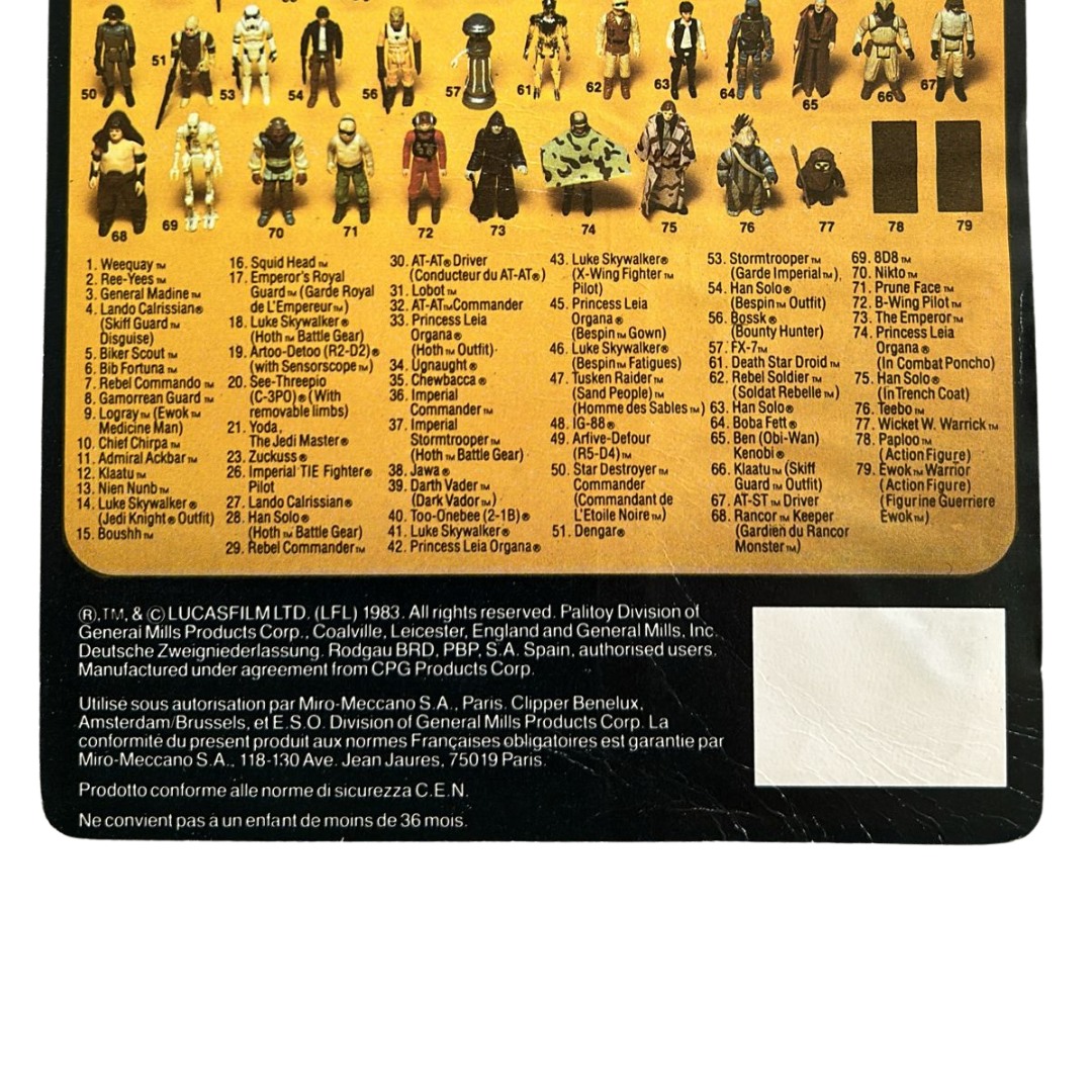 Vintage Star Wars tri logo 1983 ROTJ Zuckuss Bounty Hunter card back Kenner Orig