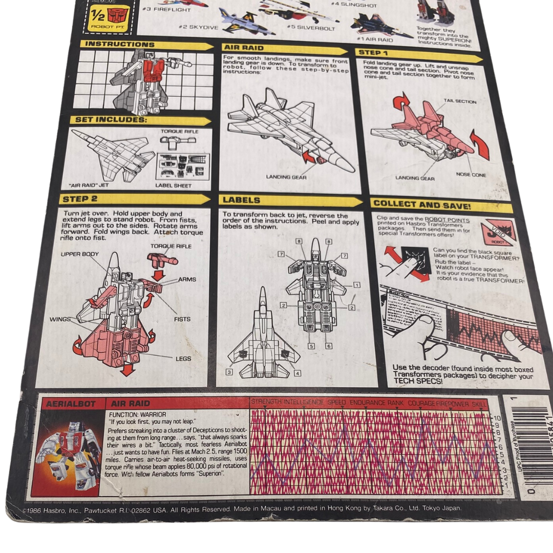 Transformers G1 Skydive Air Raid original cardback with tech spec Superion
