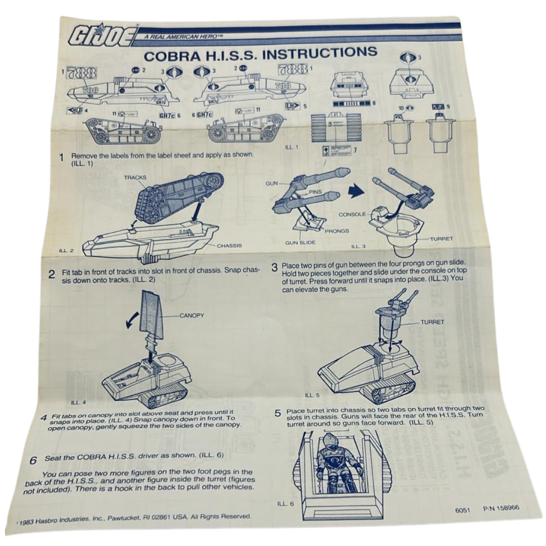 GI Joe,  HISS Tank instructions 1983, Vintage Hasbro 233H