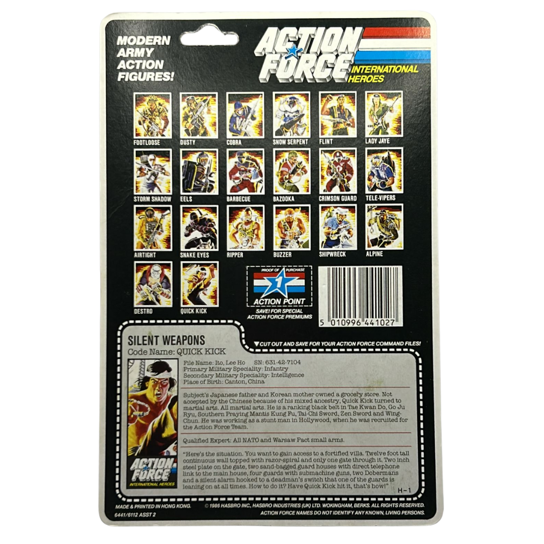 GI Joe, Action Force Quick Kick Silent Weapons original cardback backing card