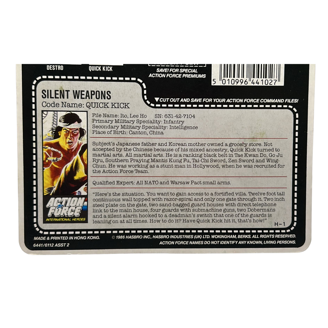 GI Joe, Action Force Quick Kick Silent Weapons original cardback backing card