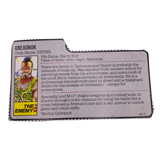 GI Joe / Action Force Ripper cardback, filecard, UK, European version