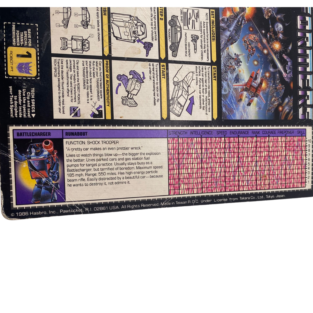 Transformers G1 Runabout Battlecharger original cardback with tech spec