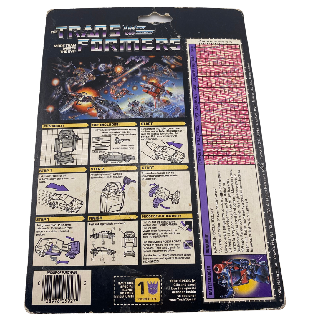 Transformers G1 Runabout Battlecharger original cardback with tech spec