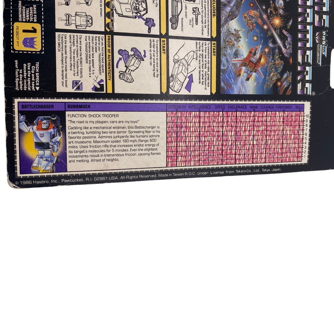 Transformers G1 Runamuck Battlecharger original cardback with tech spec