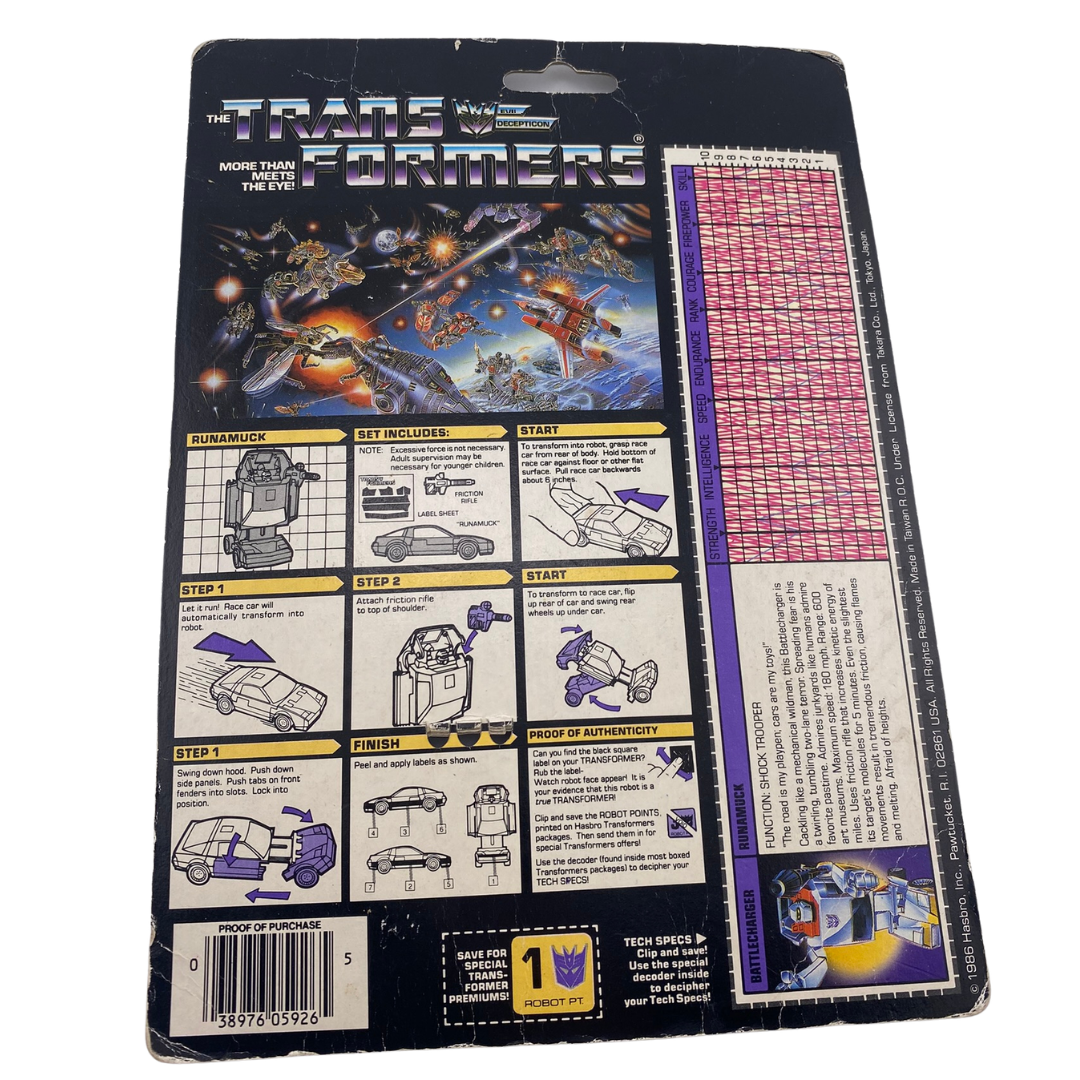 Transformers G1 Runamuck Battlecharger original cardback with tech spec
