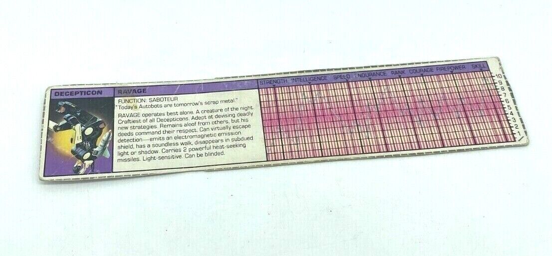 Transformers G1 Ravage cassette (Soundwave) tech spec card