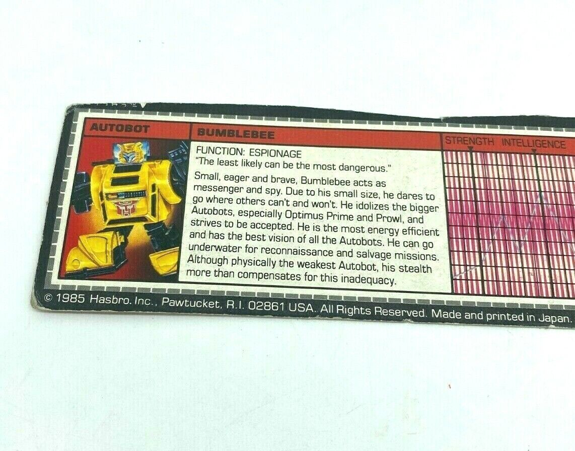 Transformers G1 Bumblebee Tech Spec card, yellow beetle