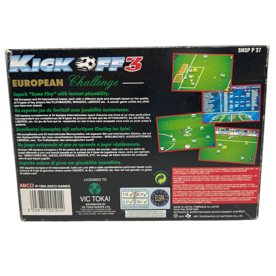 Kick Off 3 European Challenge game, box, ins & insert Super Nintendo / SNES