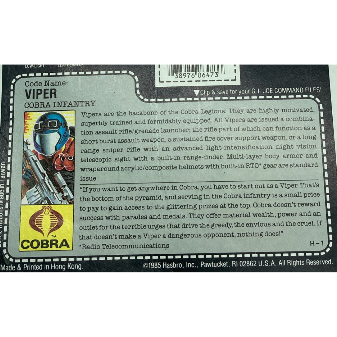 G.I. Joe, Action Force, Cobra Viper, Vipers full file card cardback 93