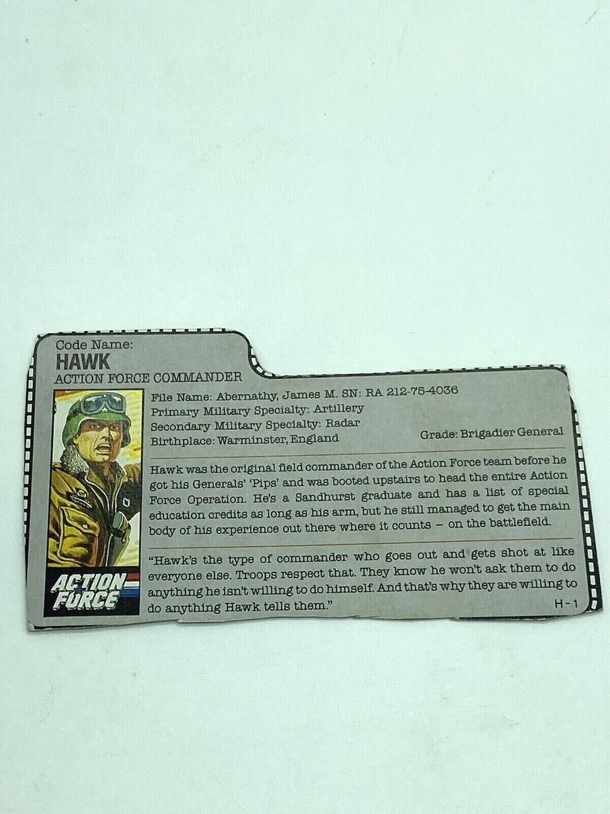 G.I. Joe Hawk complete figure. General Hawk with Action Force file card